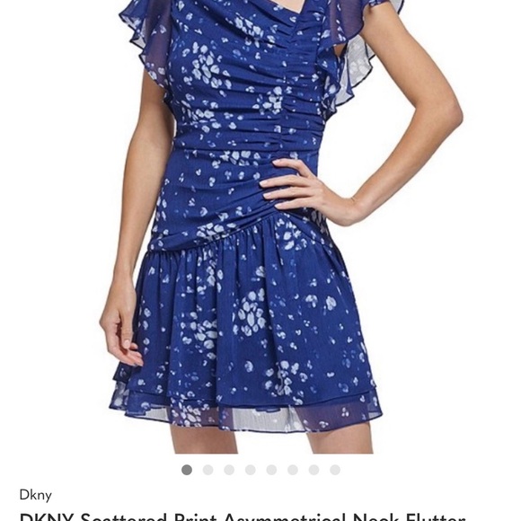 DKNY Scattered Print Asymmetrical Neck Flutter Shortsleeve Ruched Bodice Dress 6 - Picture 11 of 11
